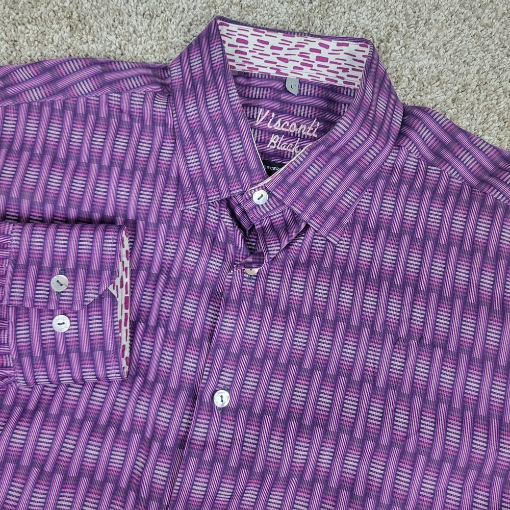 Visconti Black Mens Large Purple AOP Geometric Button Down Long Sleeve